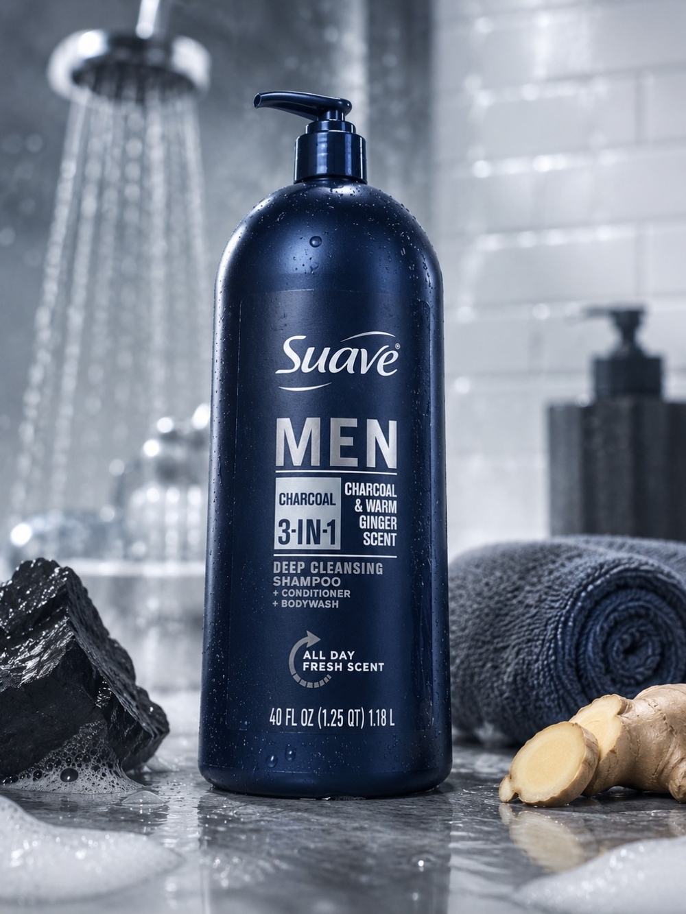 Suave Men Charcoal 3-in-1 Deep Cleansing Shampoo, Conditioner & Bodywash - Navy